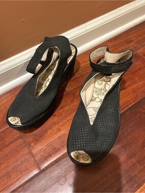 Fly London Black Women’s Peep-Toe Ankle Strap Wedge Sandals